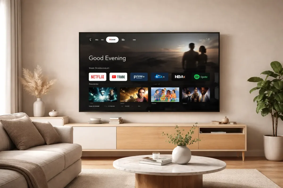 Installation Google TV sur téléviseur dans un salon moderne