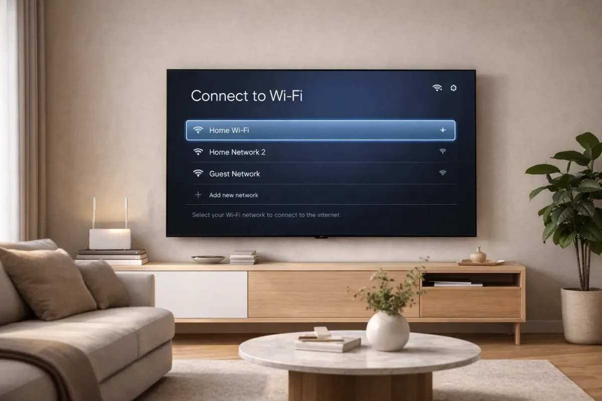 Connexion Google TV WiFi dans un salon moderne