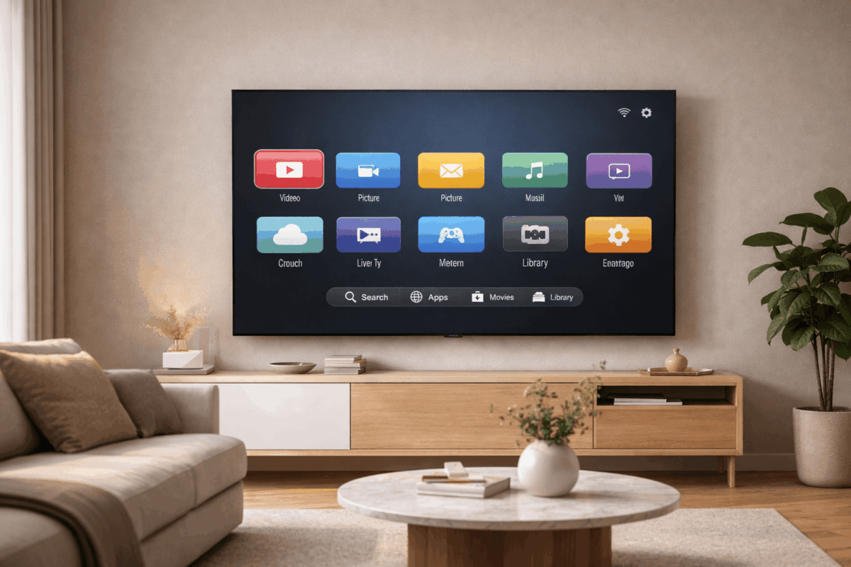 Applications Google TV affichées sur une télévision moderne