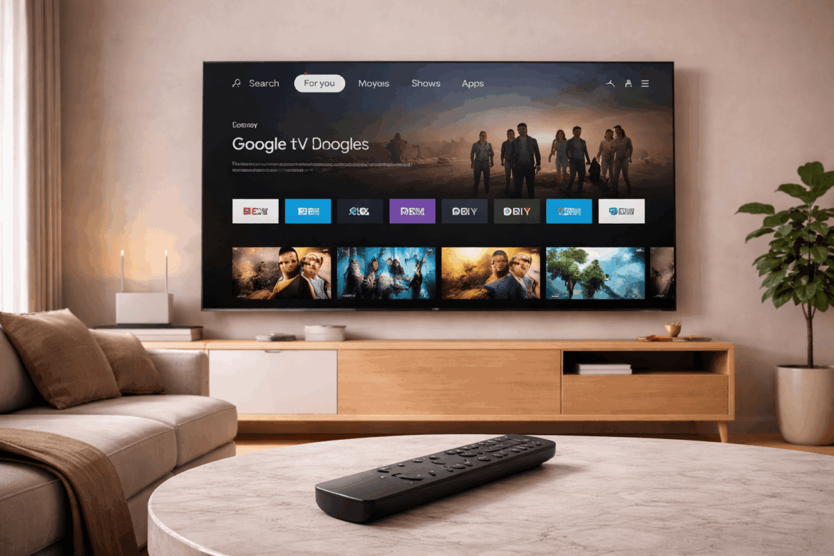Télécommande Google TV devant une télévision moderne