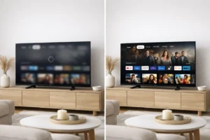 Interface Google TV sur un téléviseur dans un salon minimaliste illustrant l’optimisation des performances