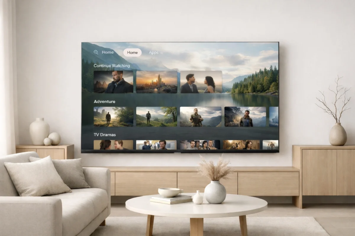 Salon moderne avec télévision affichant un écran d’accueil Google TV clair et bien organisé