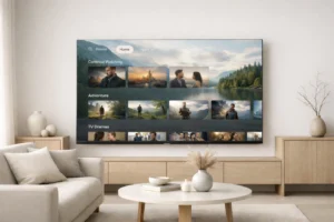 Salon moderne avec télévision affichant un écran d’accueil Google TV clair et bien organisé