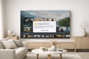 Salon moderne avec télévision affichant une interface Google TV presque saturée en stockage