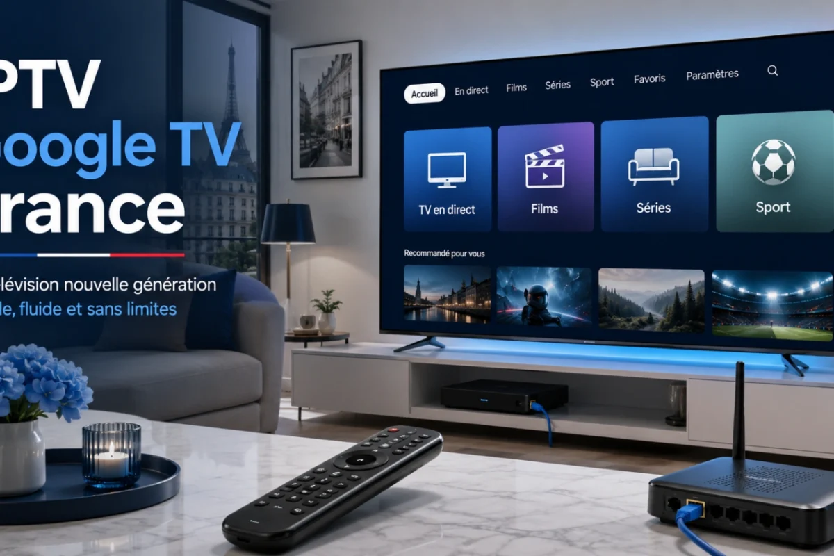 Guide IPTV Google TV France avec télévision connectée, télécommande, routeur et streaming multi-écran.