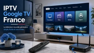 Guide IPTV Google TV France avec télévision connectée, télécommande, routeur et streaming multi-écran.